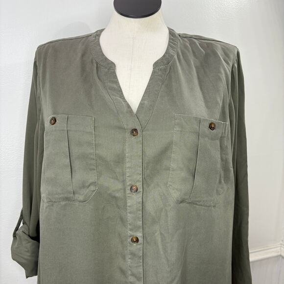J Jill Plus Size 2X Top Button Up 100% Tencel Olive Green Roll Tab Sleeve V Neck - Picture 10 of 14
